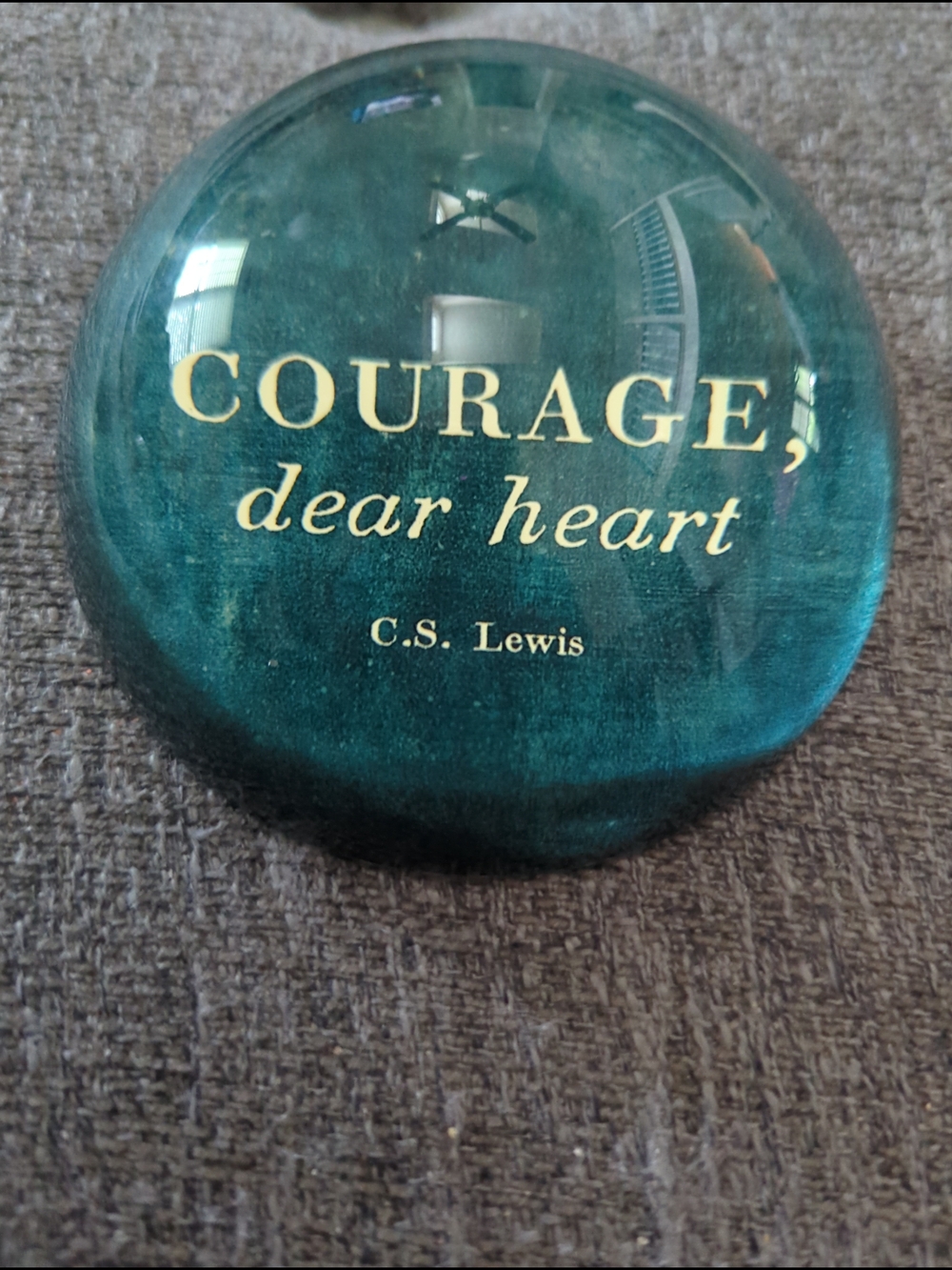 Teal Glass Paperweight with Gold Foil Quote